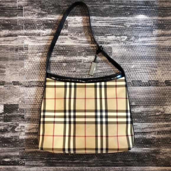 Burberry Handbags - Burberry Beige Plaid Shoulder Bag with Black Trim